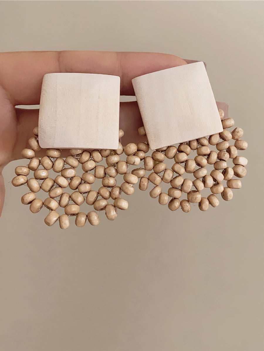 Square Vintage Wooden Bead Women Flower Earrings