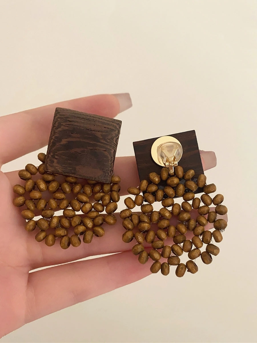 Square Vintage Wooden Bead Women Flower Earrings