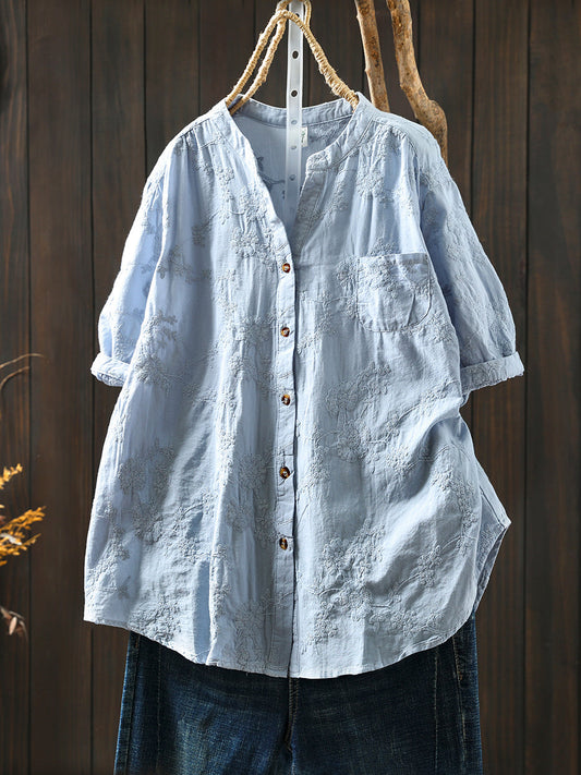 Flower 100%Cotton V-Neck Women Shirt Artsy Embroidery Summer