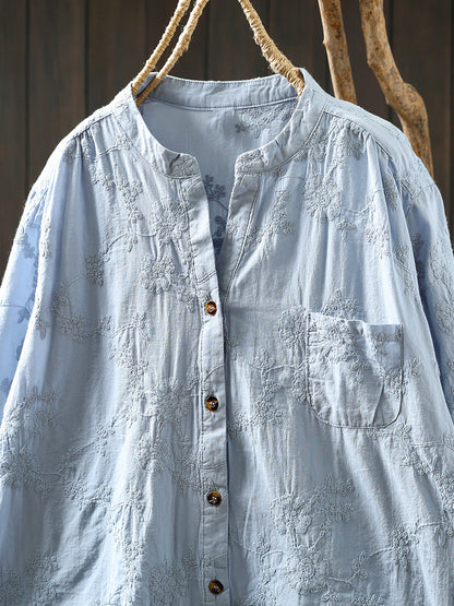 Flower 100%Cotton V-Neck Women Shirt Artsy Embroidery Summer