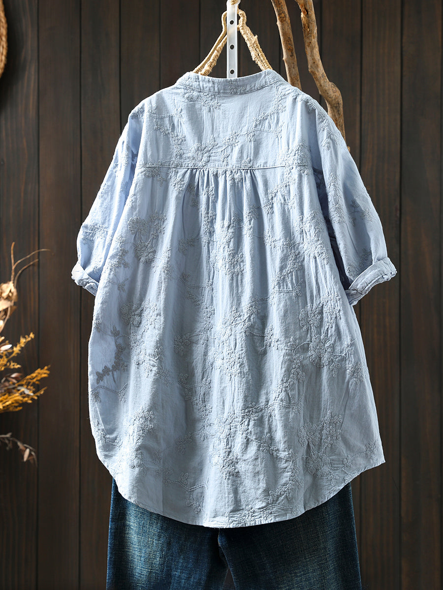 Flower 100%Cotton V-Neck Women Shirt Artsy Embroidery Summer