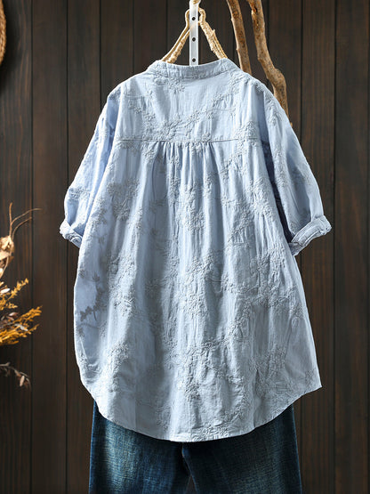 Flower 100%Cotton V-Neck Women Shirt Artsy Embroidery Summer