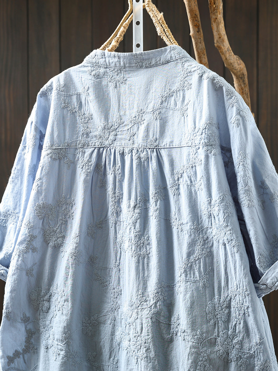 Flower 100%Cotton V-Neck Women Shirt Artsy Embroidery Summer