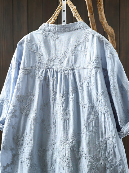 Flower 100%Cotton V-Neck Women Shirt Artsy Embroidery Summer