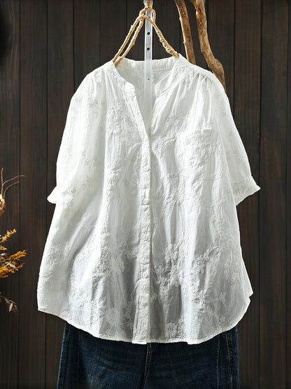 Flower 100%Cotton V-Neck Women Shirt Artsy Embroidery Summer