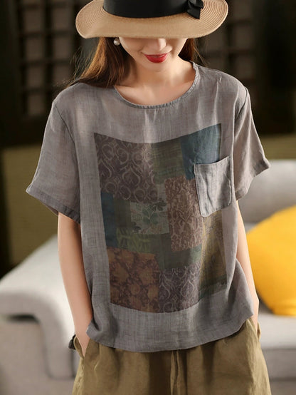 Summer O-Neck Women Patchwork Shirt 100%Ramie Artsy