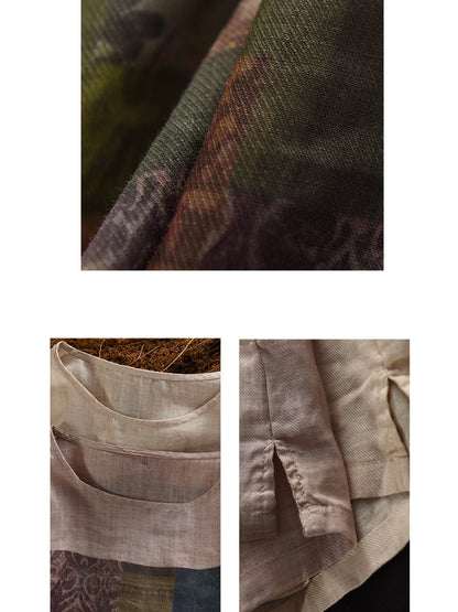 Summer O-Neck Women Patchwork Shirt 100%Ramie Artsy