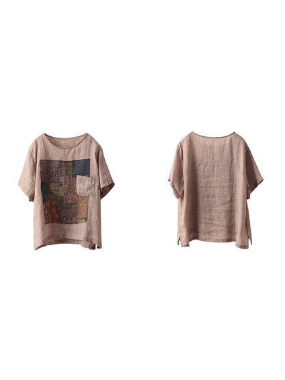 Summer O-Neck Women Patchwork Shirt 100%Ramie Artsy