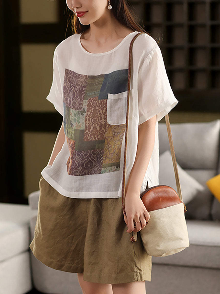 Summer O-Neck Women Patchwork Shirt 100%Ramie Artsy