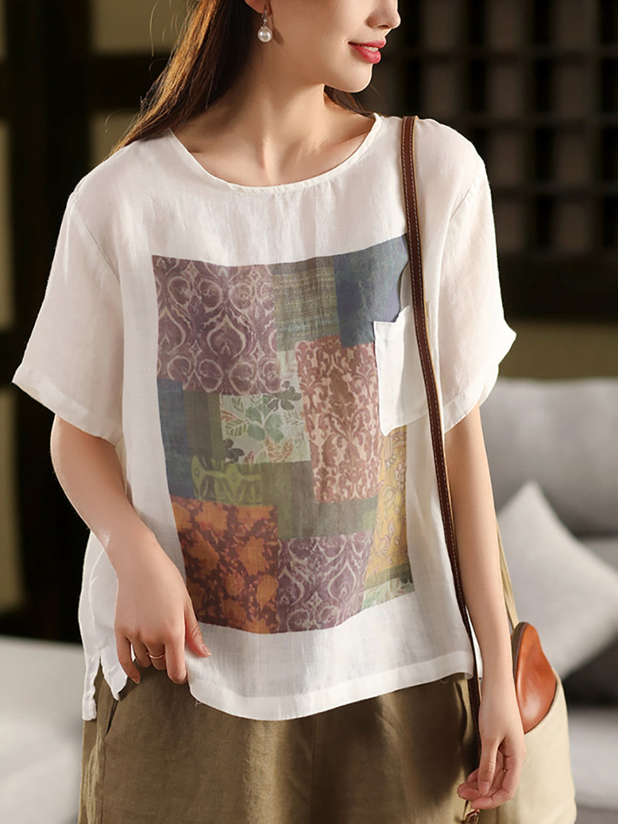 Summer O-Neck Women Patchwork Shirt 100%Ramie Artsy