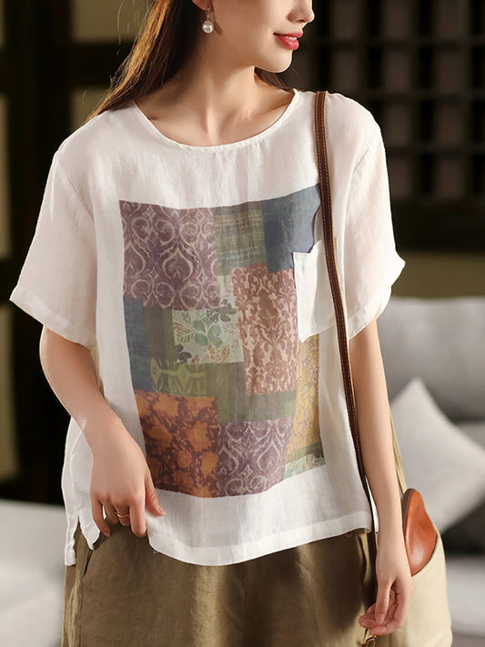 Summer O-Neck Women Patchwork Shirt 100%Ramie Artsy