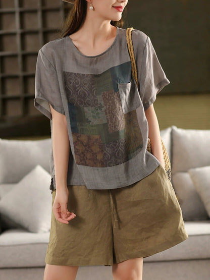 Summer O-Neck Women Patchwork Shirt 100%Ramie Artsy