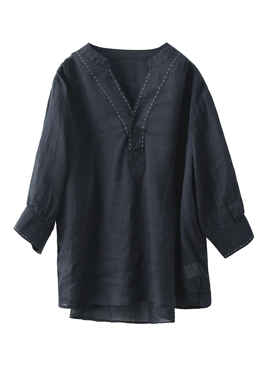 Color 100%Linen Summer V-Neck Pure Shirt Women