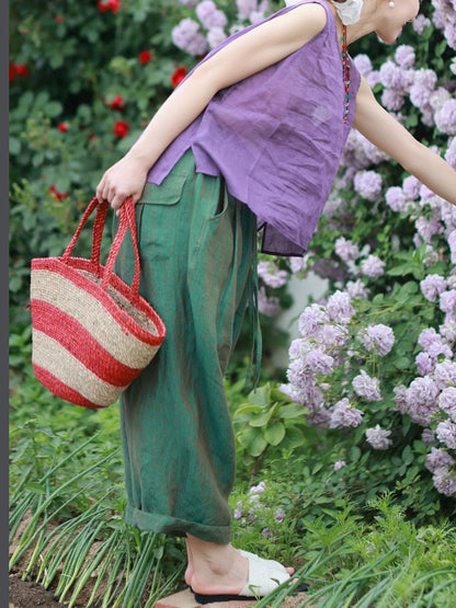 Summer Pants 100%Linen Women Wide-leg Color Pure