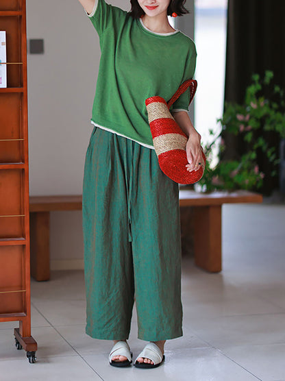 Summer Pants 100%Linen Women Wide-leg Color Pure