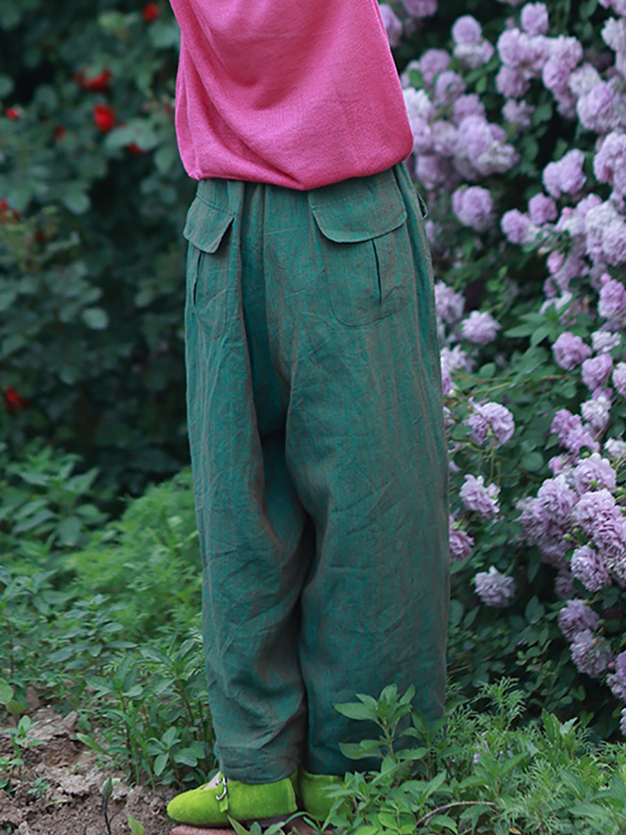 Summer Pants 100%Linen Women Wide-leg Color Pure