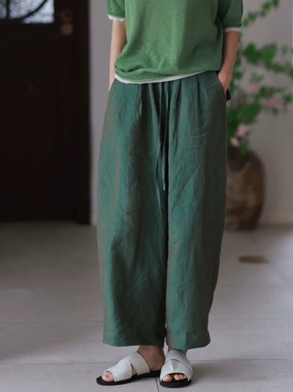Summer Pants 100%Linen Women Wide-leg Color Pure