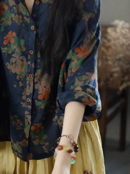 Women Artsy Summer Flower Collar Turn-down Shirt 100%Ramie