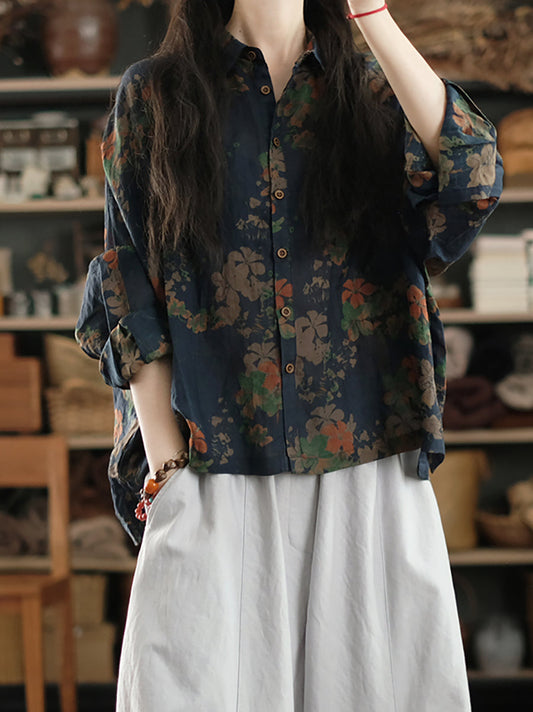 Women Artsy Summer Flower Collar Turn-down Shirt 100%Ramie