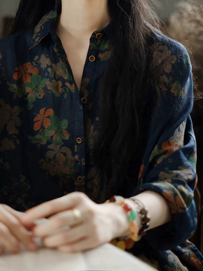 Women Artsy Summer Flower Collar Turn-down Shirt 100%Ramie