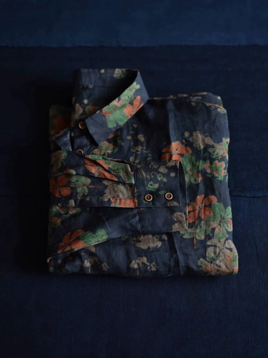 Women Artsy Summer Flower Collar Turn-down Shirt 100%Ramie