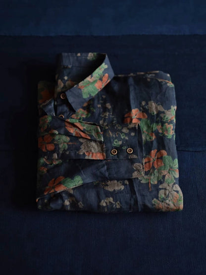 Women Artsy Summer Flower Collar Turn-down Shirt 100%Ramie