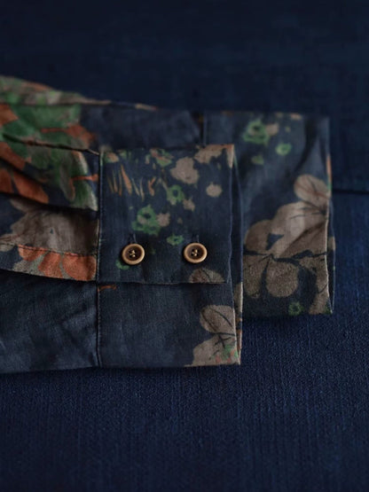 Women Artsy Summer Flower Collar Turn-down Shirt 100%Ramie