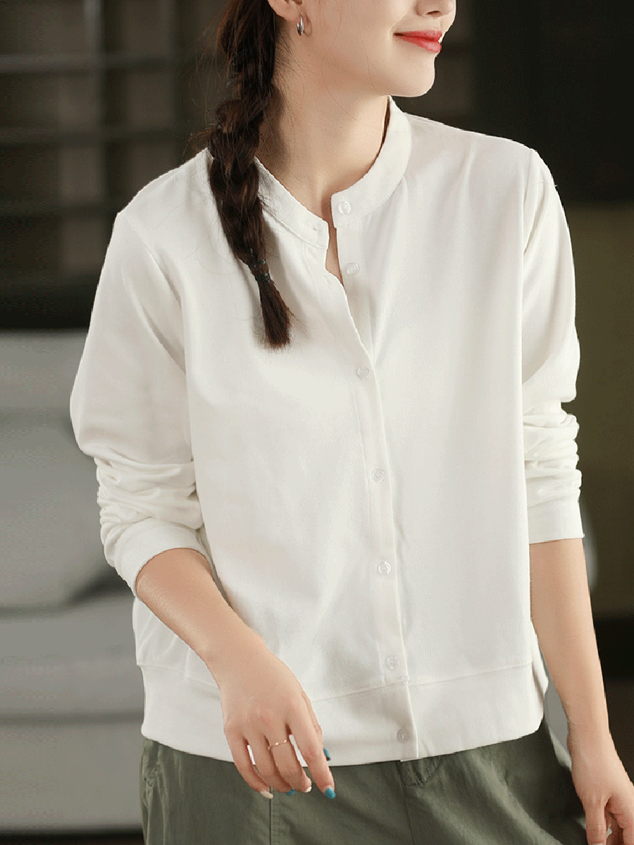 Autumn 100%Cotton Color Pure O-Neck Shirt Casual Women