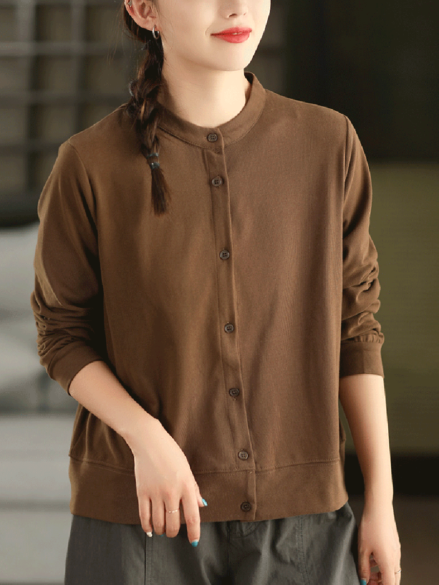 Autumn 100%Cotton Color Pure O-Neck Shirt Casual Women