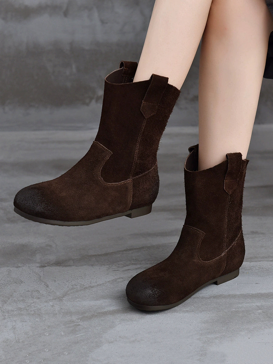 Spliced Low Boots Vintage Women Genuine Leather Heel