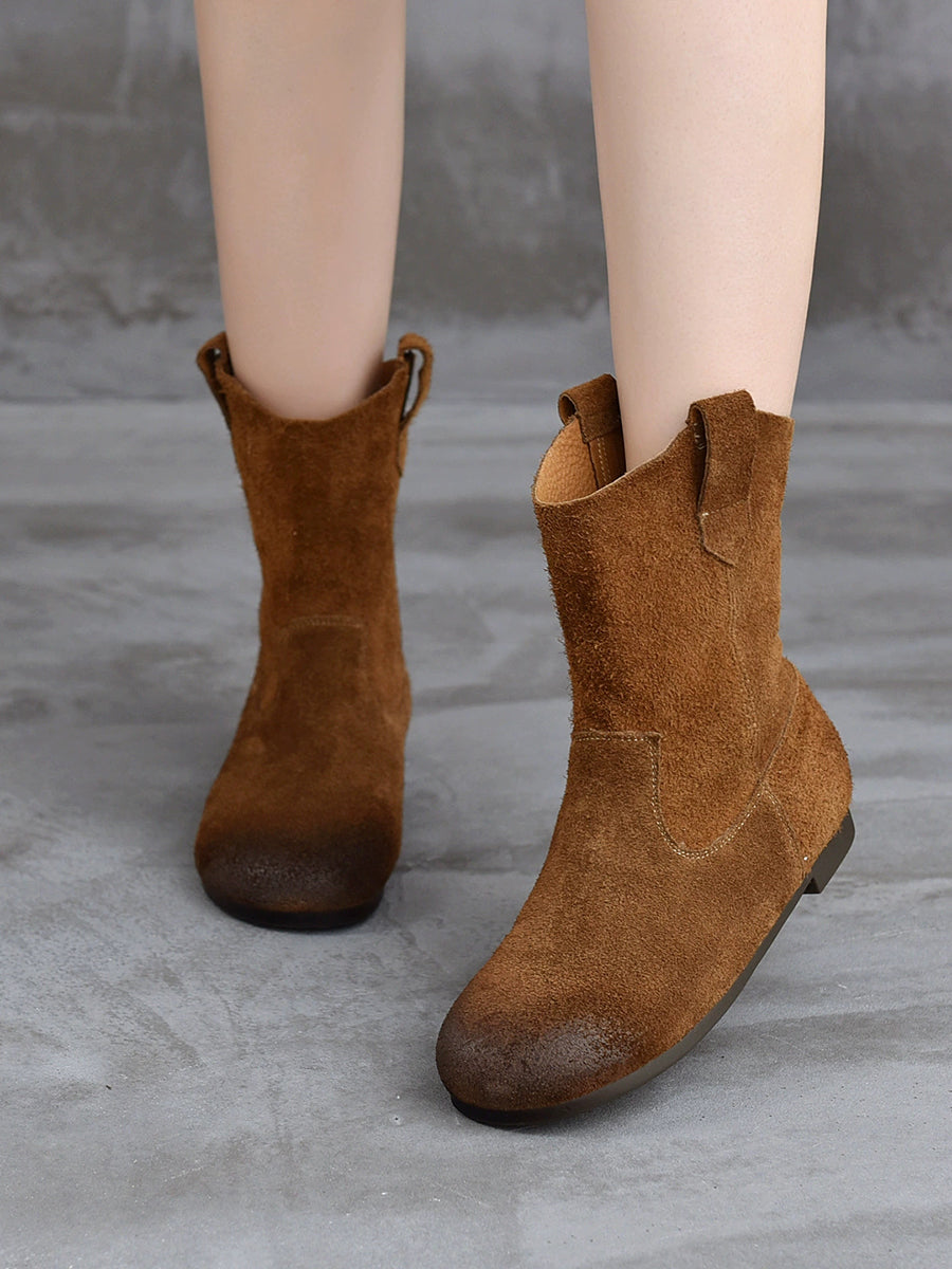 Spliced Low Boots Vintage Women Genuine Leather Heel