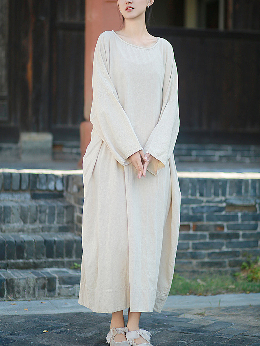 Autumn Dress O-Neck Retro Linen Women Pure Color Cotton