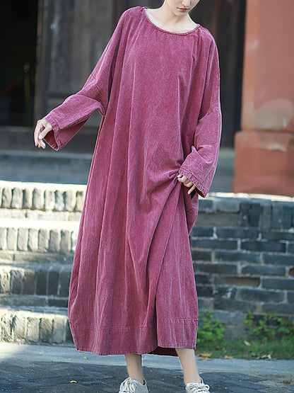 Autumn Dress O-Neck Retro Linen Women Pure Color Cotton