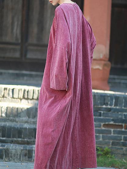 Autumn Dress O-Neck Retro Linen Women Pure Color Cotton