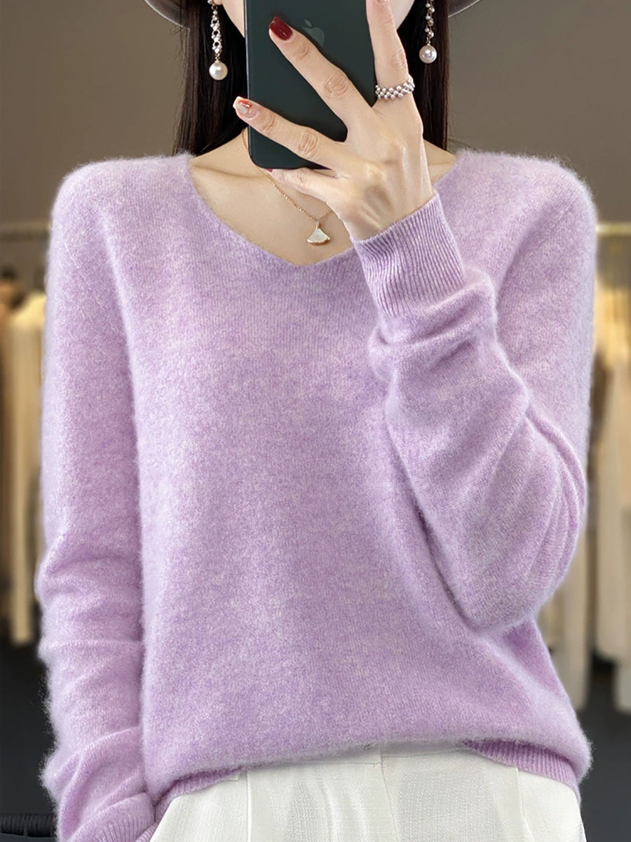 Wool V-Neck Casual Sweater Color Women Autumn Pure