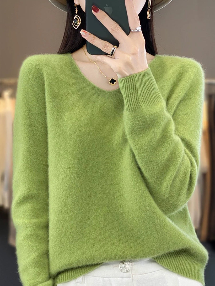 Wool V-Neck Casual Sweater Color Women Autumn Pure