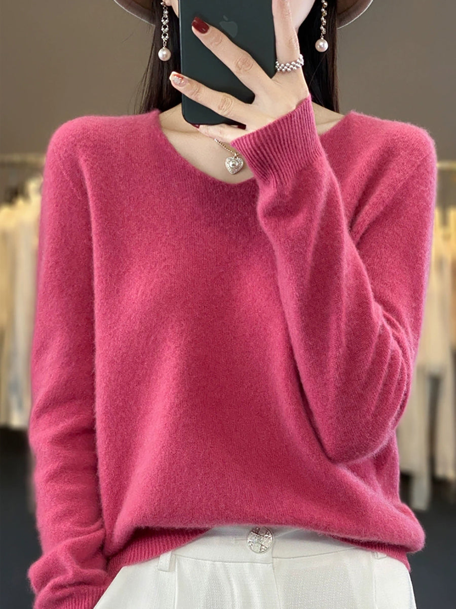 Wool V-Neck Casual Sweater Color Women Autumn Pure