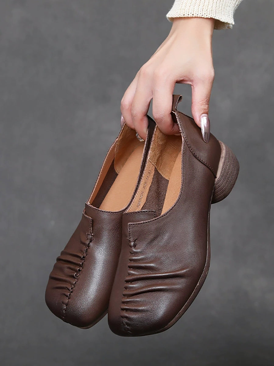 Heel Mid Genuine Leather Spliced Shoes Women Vintage