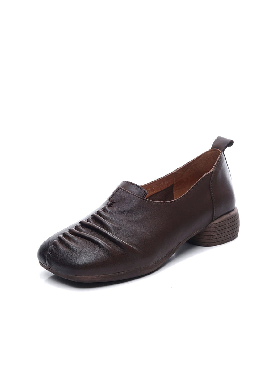 Heel Mid Genuine Leather Spliced Shoes Women Vintage