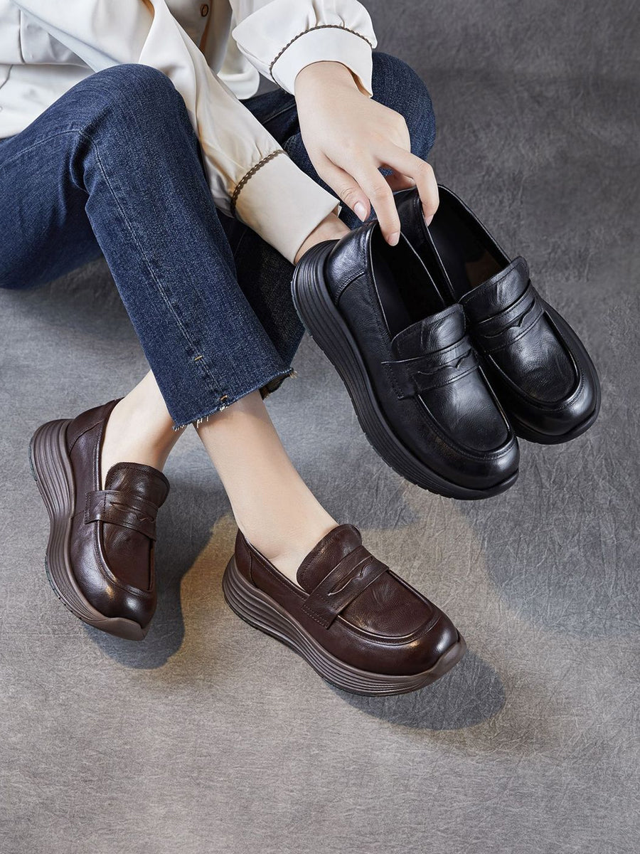 Platform Leather Shoes Women Genuine Vintage
