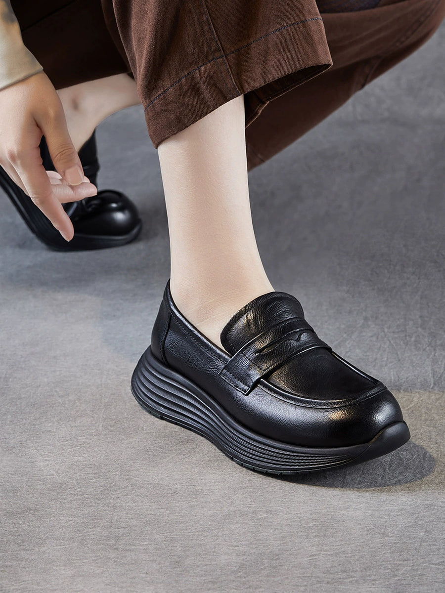 Platform Leather Shoes Women Genuine Vintage