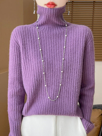 Women Autumn Turtleneck Pure Knitted Color Sweater Casual