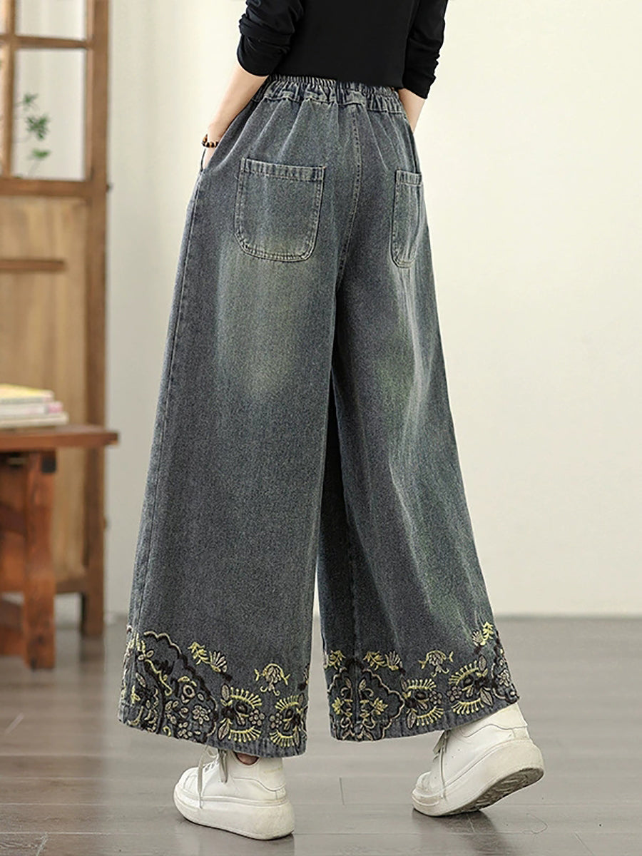 Embroidery Women Retro Autumn Denim Wide-leg Pants