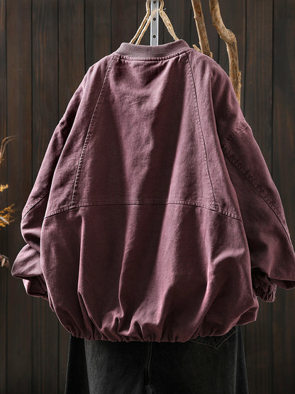 Pure Color Jacket O-Neck 100%Cotton Women Autumn