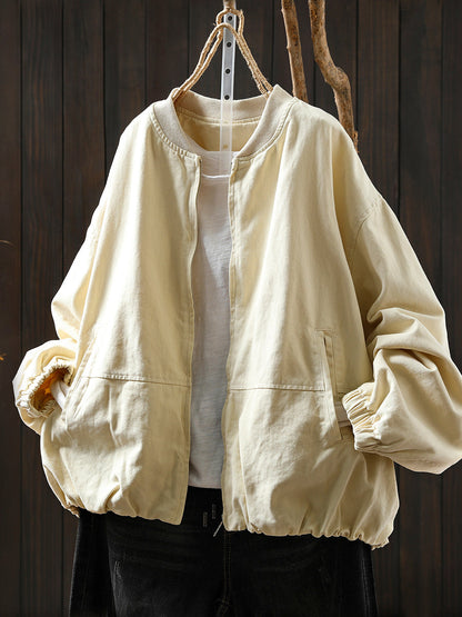 Pure Color Jacket O-Neck 100%Cotton Women Autumn