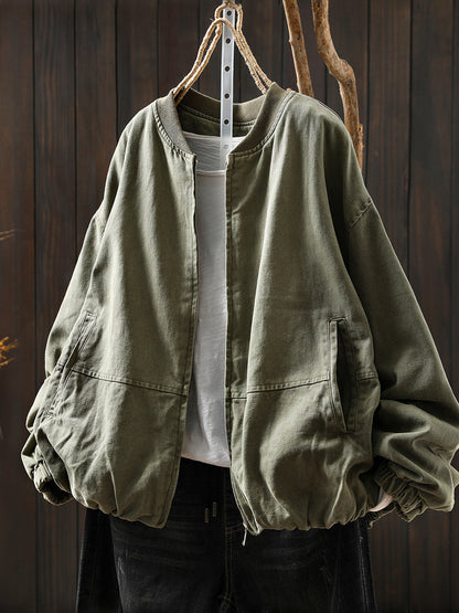 Pure Color Jacket O-Neck 100%Cotton Women Autumn