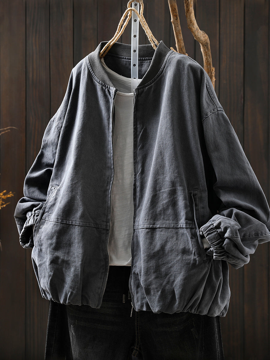 Pure Color Jacket O-Neck 100%Cotton Women Autumn