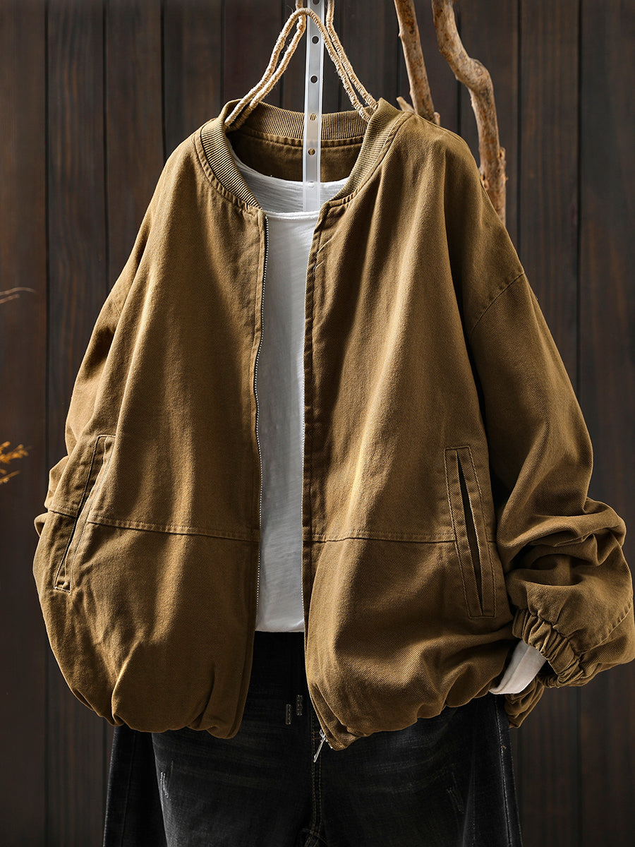 Pure Color Jacket O-Neck 100%Cotton Women Autumn