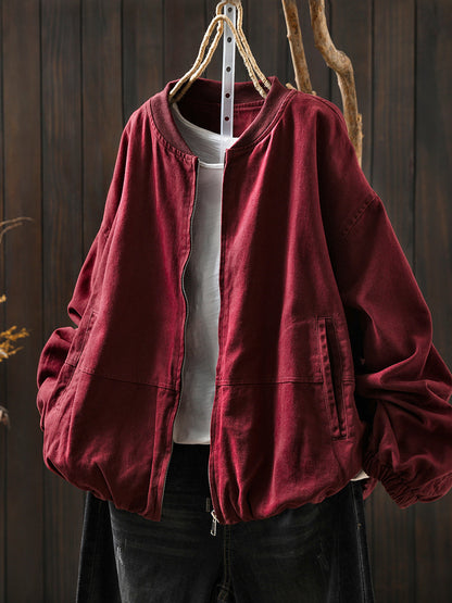 Pure Color Jacket O-Neck 100%Cotton Women Autumn