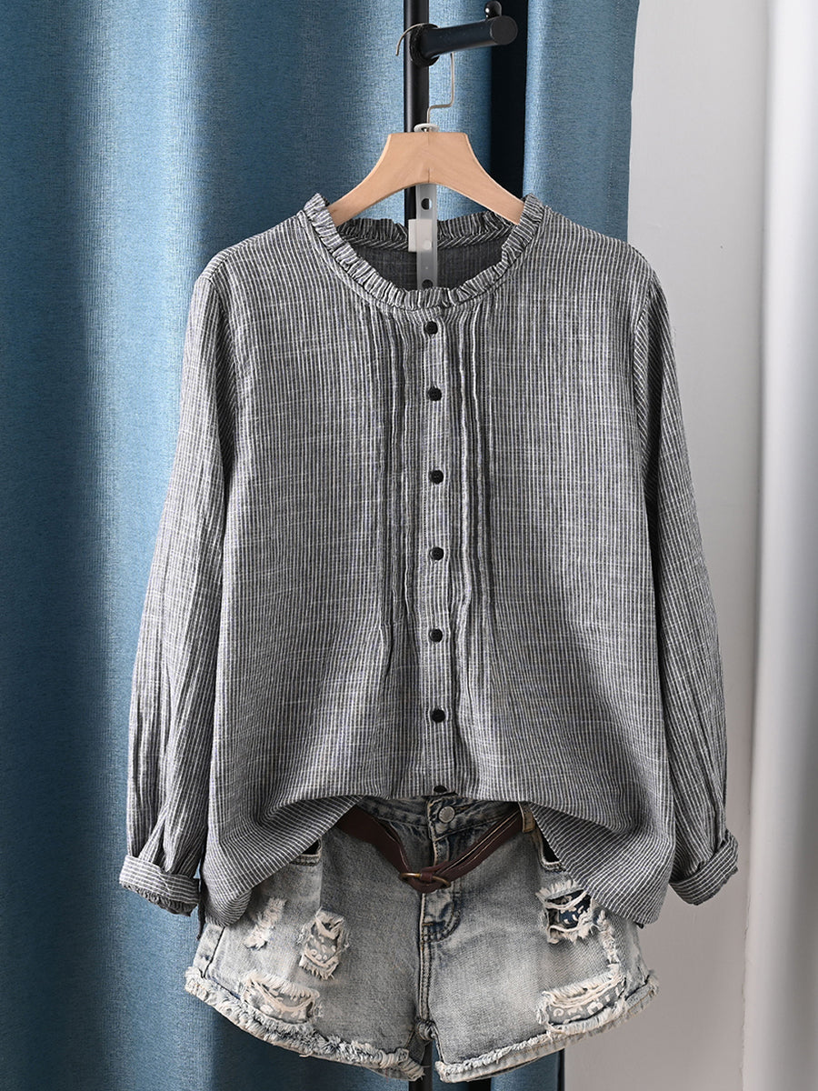 Lattice 100%Cotton Shirt Shirred Artsy Autumn Women